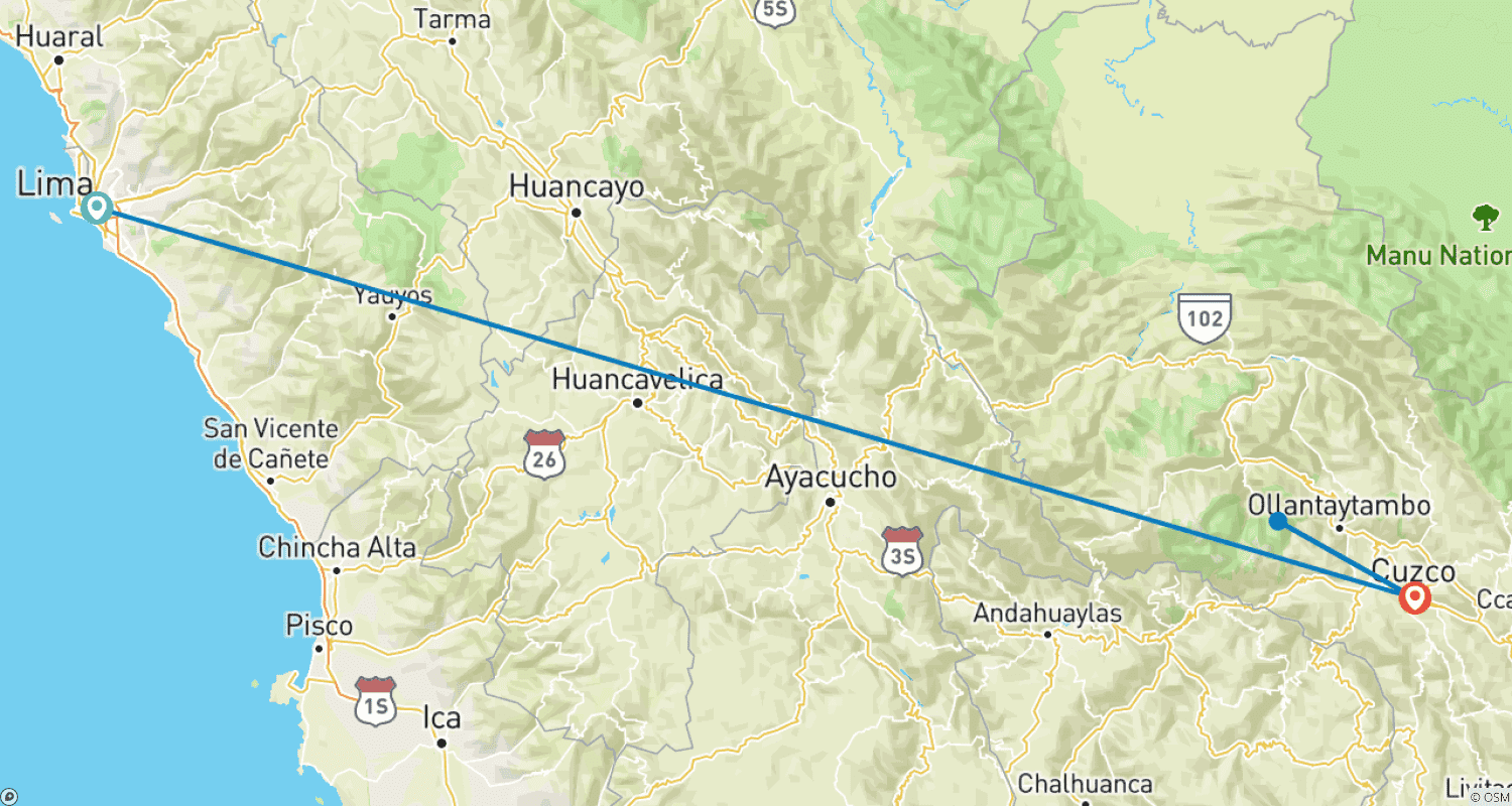 Mapa trasy: 4 dni - Lima – Cusco – Machu Picchu z lotami krajowymi