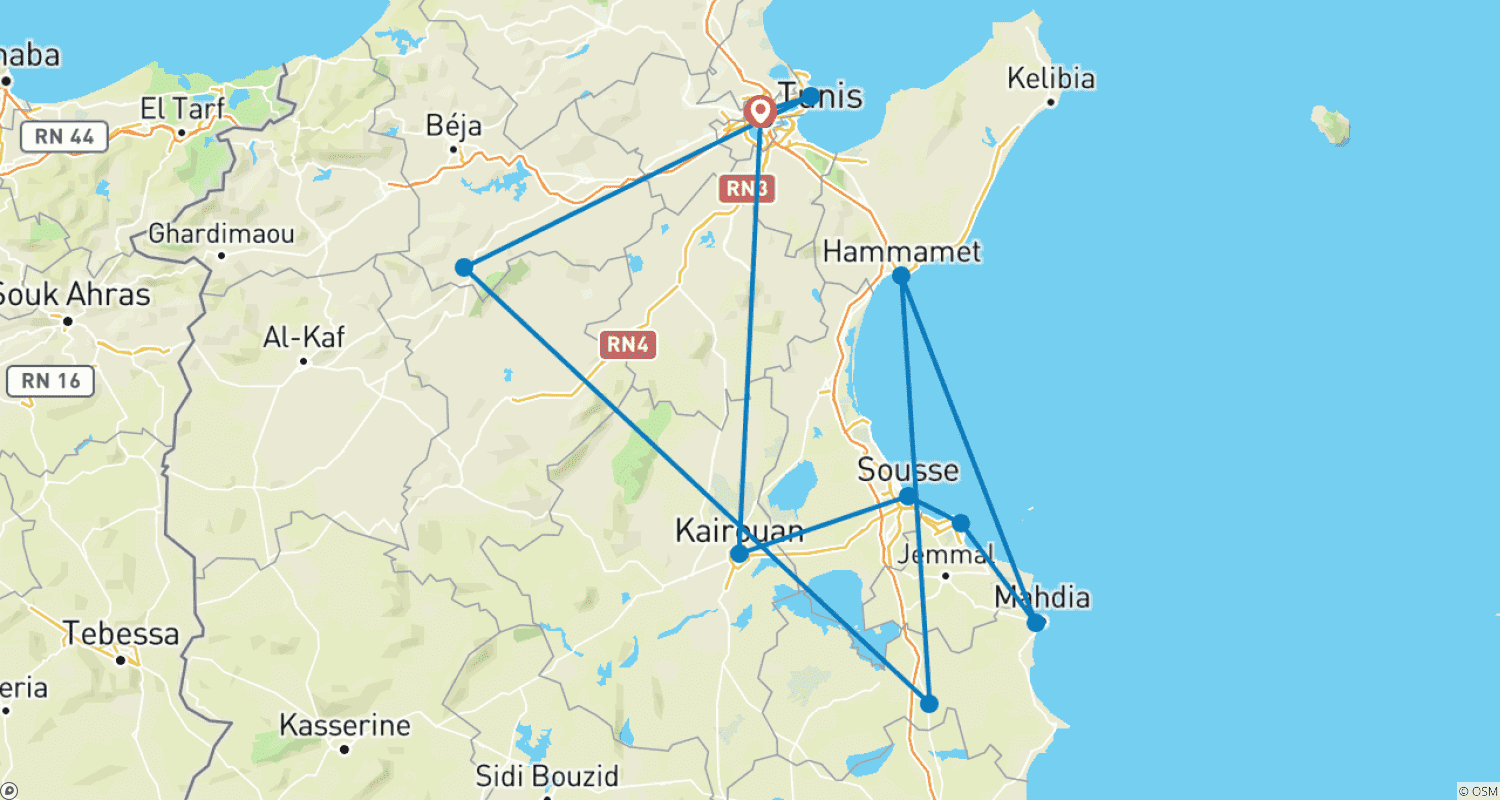 Mapa trasy: Wybrzeże Tunezyjskie i Starożytna Kartagina Latem