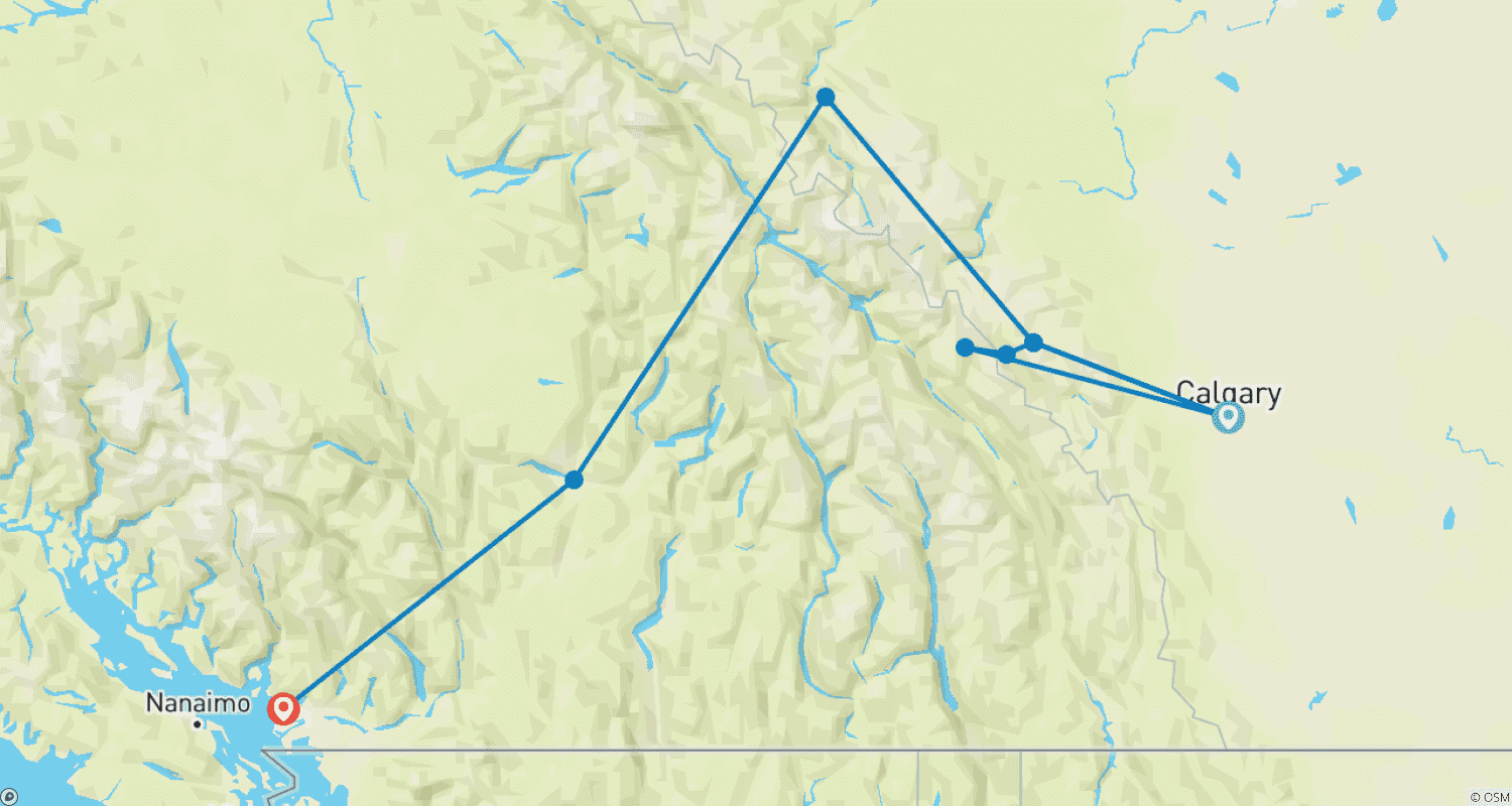 Mapa do percurso de Excursão de 7 Dias pelas Montanhas Rochosas Canadenses de Calgary | Experiência de Ônibus e Trem VIA Rail para Vancouver