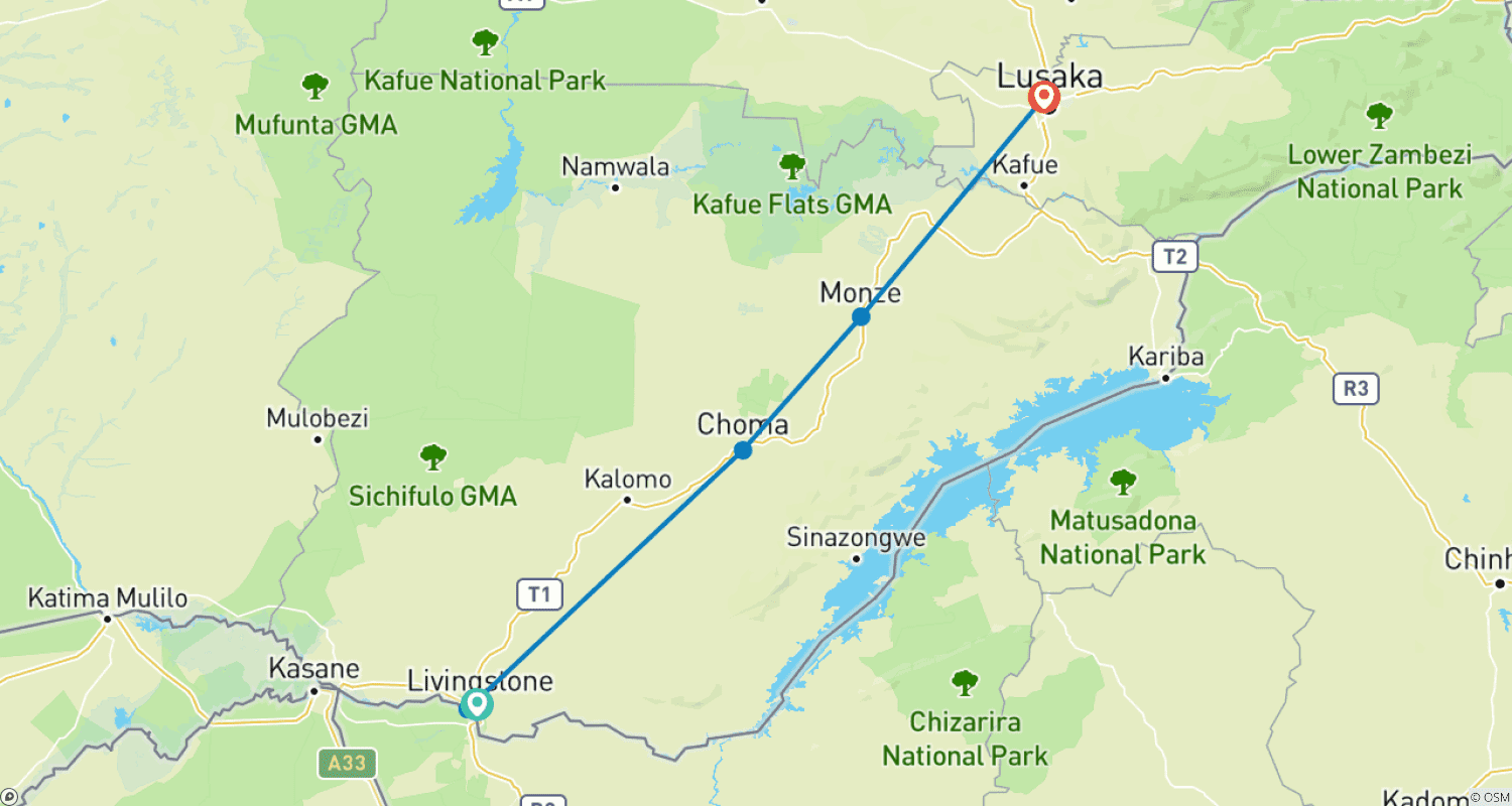 Mapa trasy: Autentyczna kultura i dzika przyroda Zambii podczas Nanzhila Safari Tour 10 dni/09 nocy