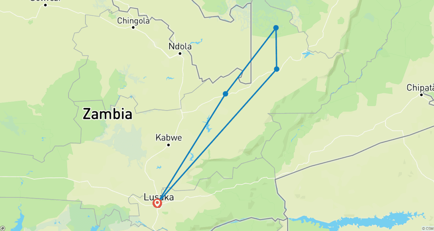 Mapa do percurso de Luxury Northern Zambia Waterfalls & Wilderness Journey13-Day