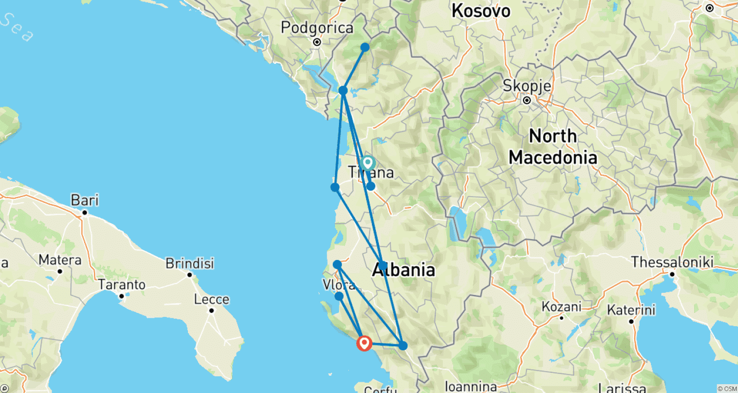 Mapa do percurso de Maravilhas da Albânia: Montanhas, História e Praias (10 Dias)