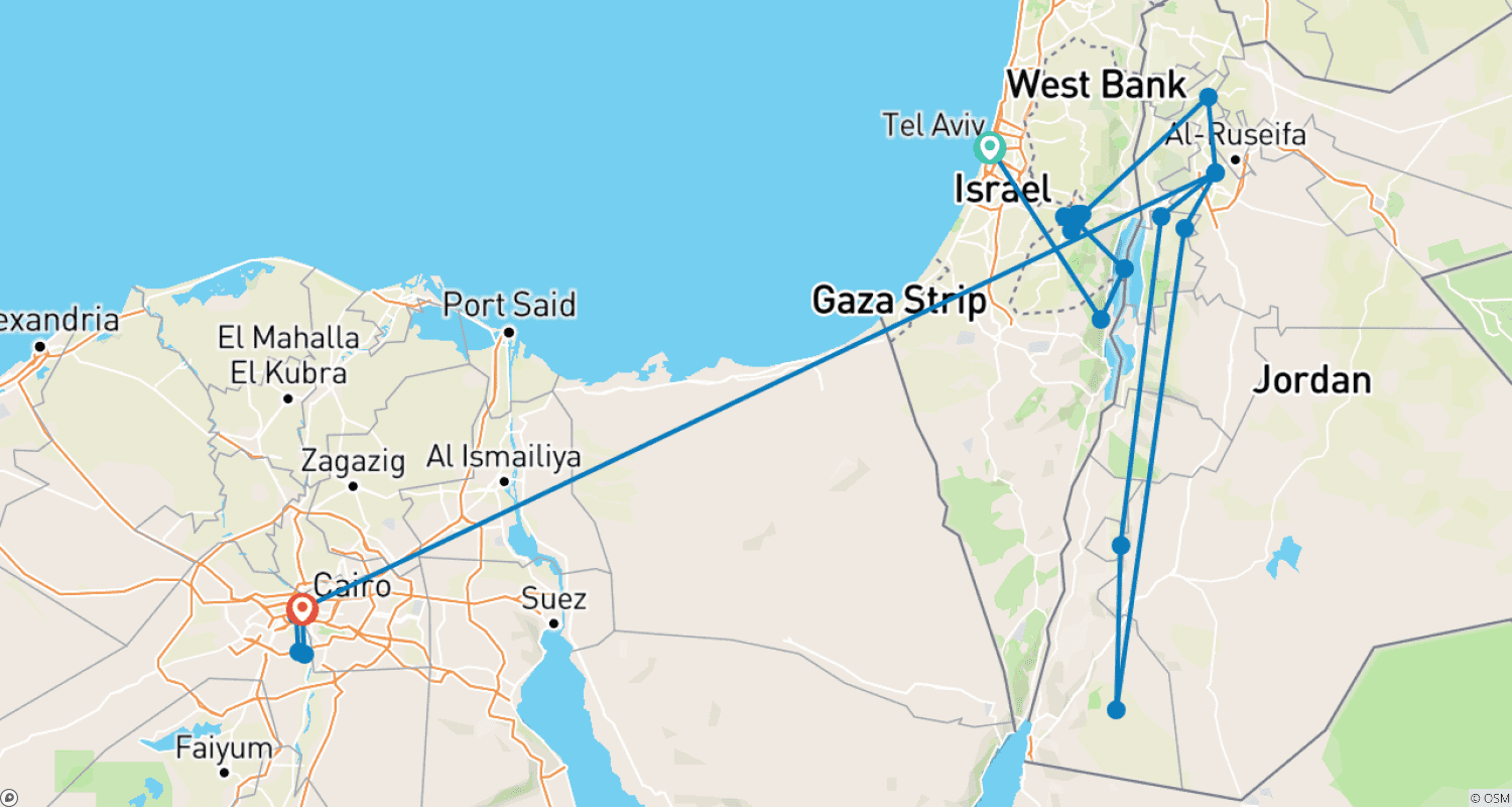 Mapa do percurso de Destaques de Israel, Jordânia e Egito - 11 Dias