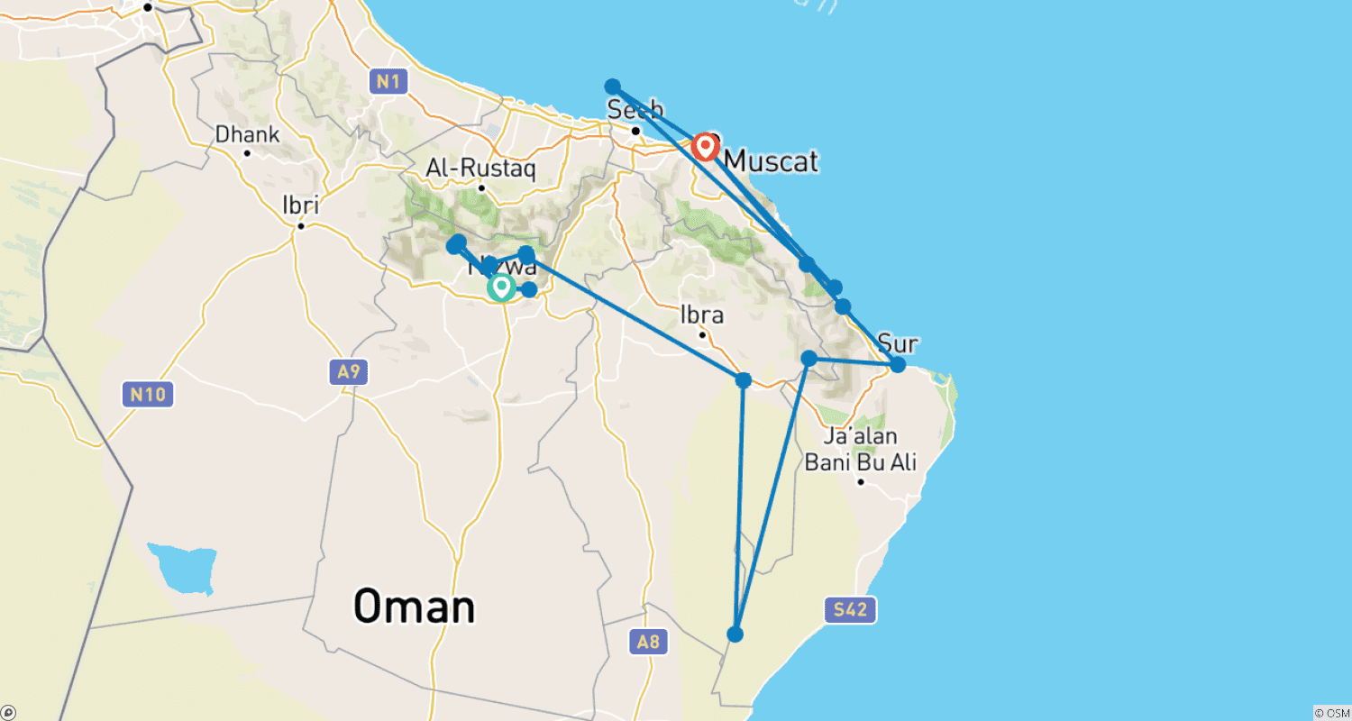 Mapa do percurso de Omã Desvendado: Road Trip para Dunas, Dhows e Sonhos no Deserto (15 destinos)