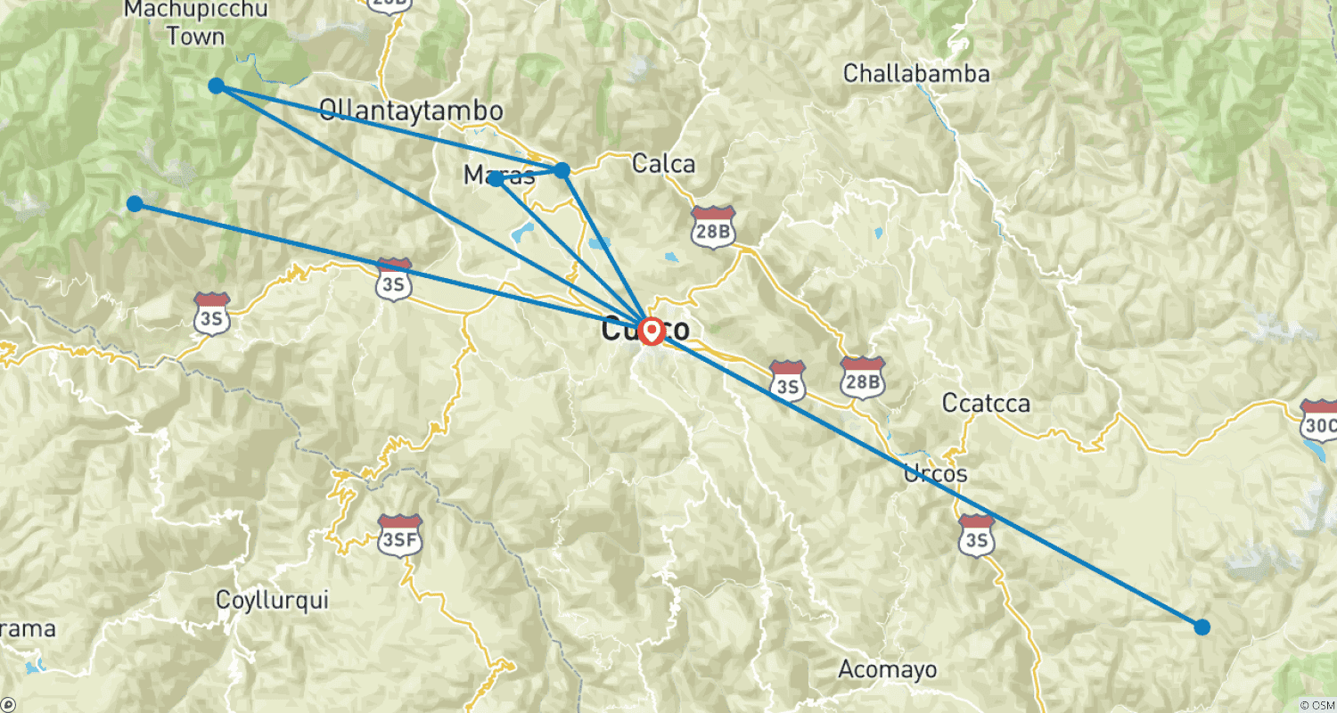 Mapa trasy: 8 dni z Cusco do Machu Picchu: tydzień przygody w świętej krainie Peru