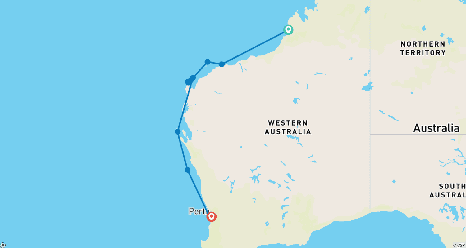 خريطة مسار Coral Coast Adventure Broome → Perth (2026)