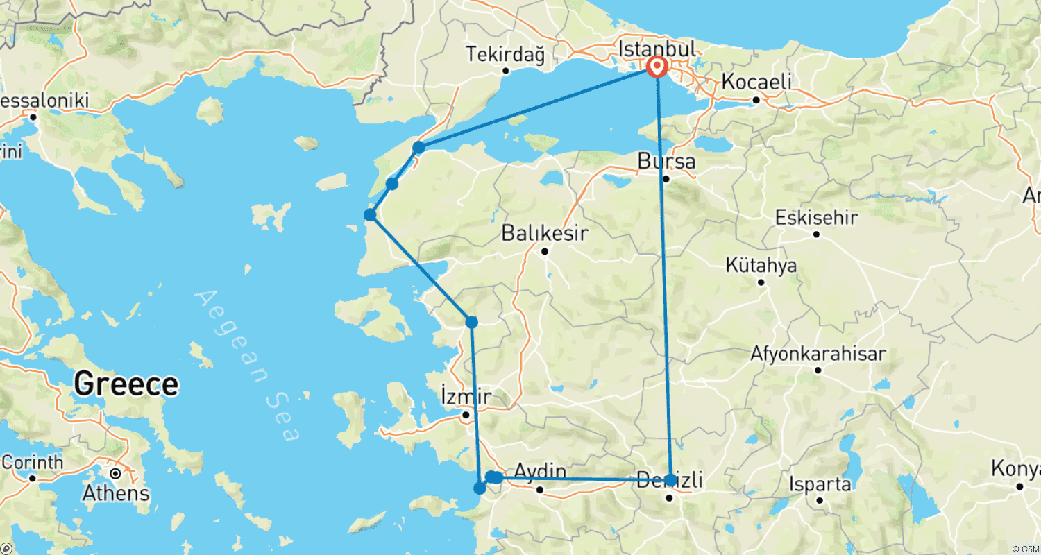 Mapa do percurso de 8-Day ANZAC Day Tour of Turkey with Gallipoli Dawn Service & Free Turkish Bath