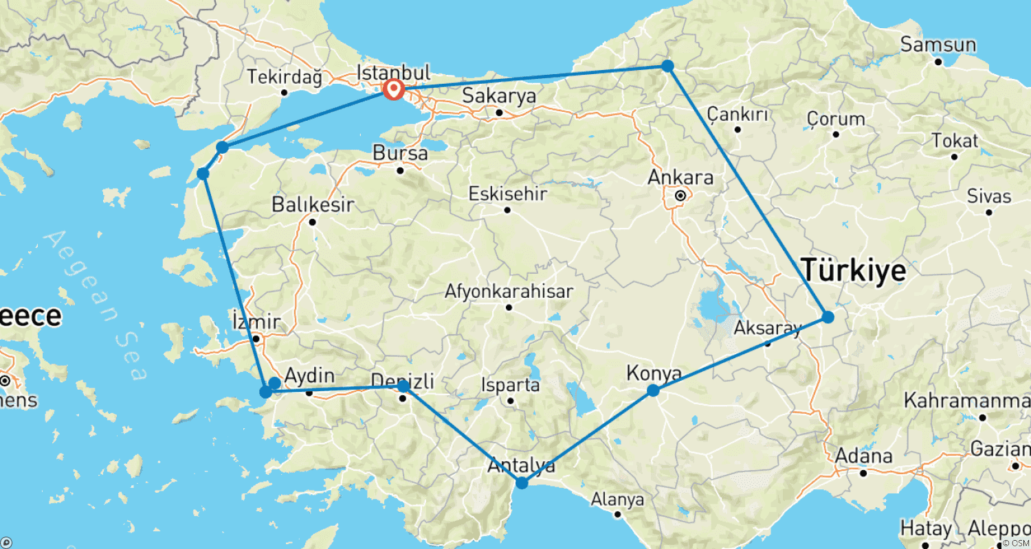 Mapa trasy: 15-dniowa wycieczka po Turcji z okazji Dnia ANZAC, z Poranną Służbą w Gallipoli, starożytnymi miastami i darmową łaźnią turecką