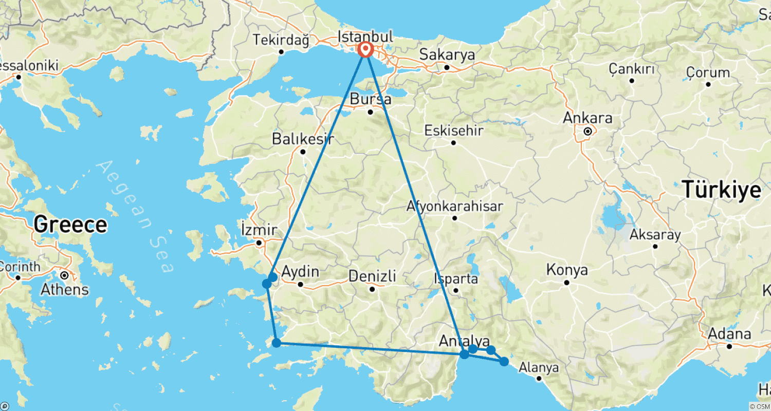 Mapa do percurso de Tour de 10 Dias por Istambul, Egeu Ocidental e Mediterrâneo – Onde a Cultura Encontra a Costa