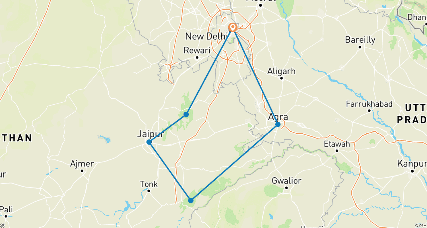 Mapa do percurso de Aventura de Safári de Tigres na Índia – Aviste o Tigre-de-Bengala Real!