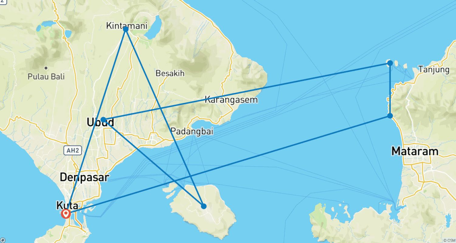 Mapa do percurso de Fuga para Bali e Gili: 7 Dias de Paraíso Tropical