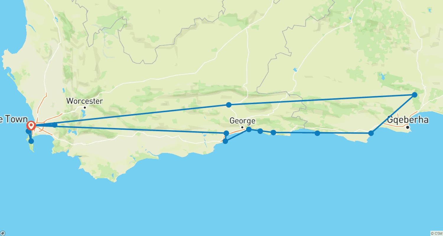 Mapa trasy: 9-dniowy pakiet: Wybrzeże Przylądkowe i Szlak Ogrodów