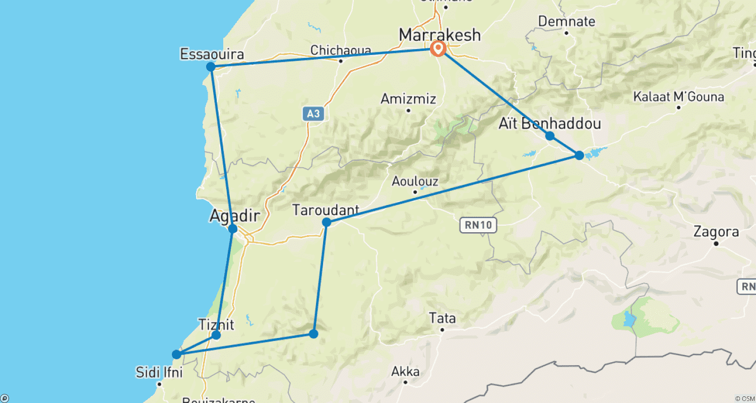 Customized Private 9 Days Morocco Beach Holiday, Daily Starts & Private Carのルートマップ