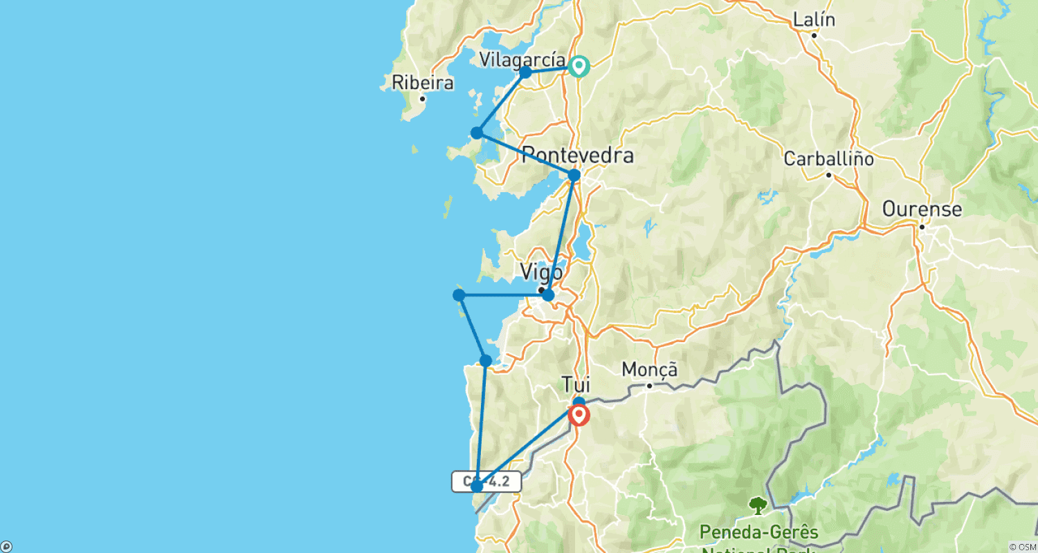Mapa do percurso de Tour Privado nas Rías Baixas da Galiza em Hotéis e Pazos Encantadores