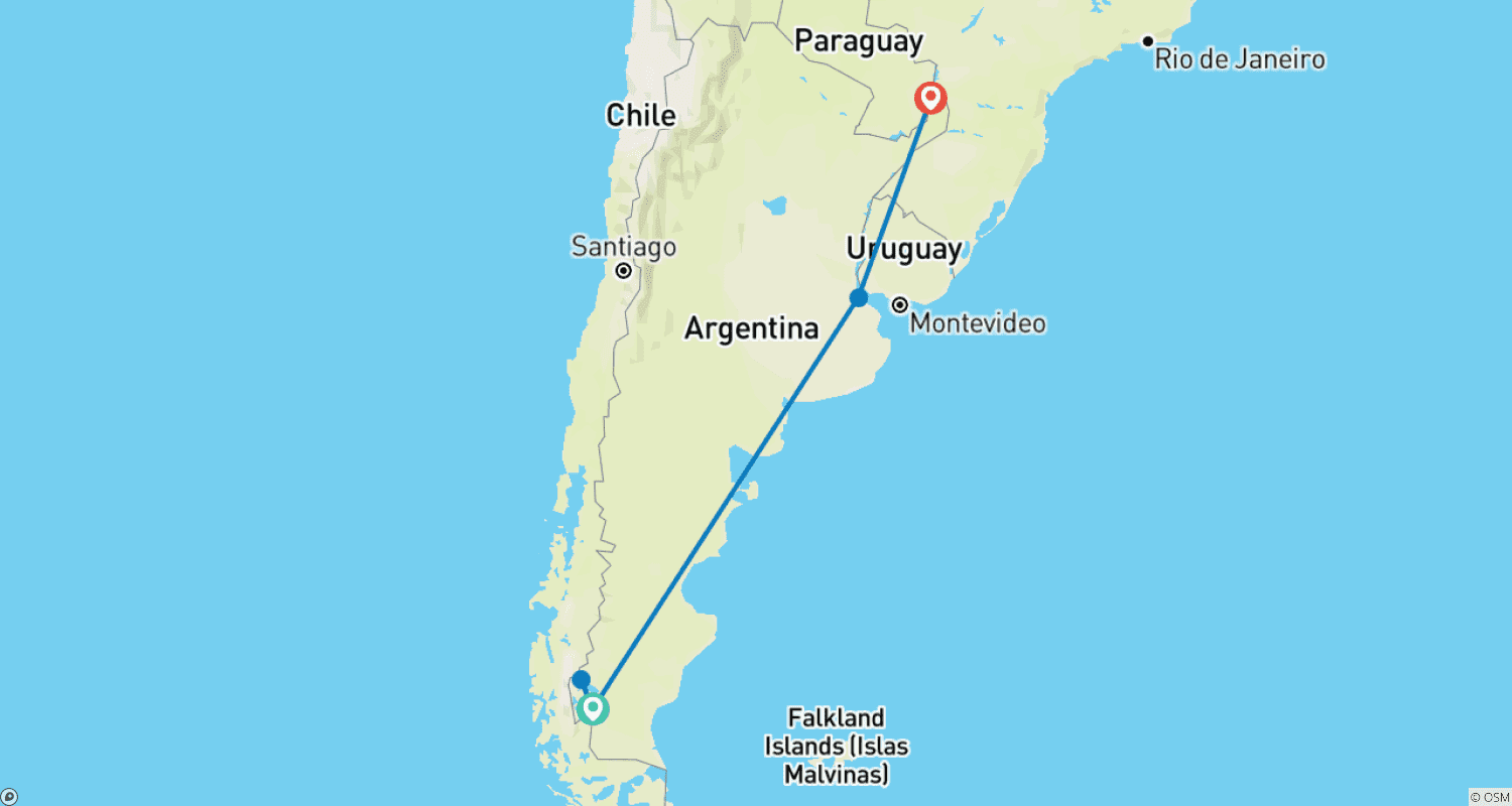 Mapa do percurso de Argentina - Calafate, Buenos Aires e Iguaçu - 10 dias