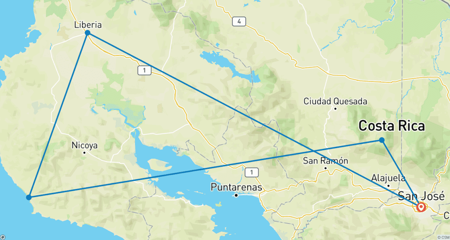 Mapa do percurso de Retiro de Bem-Estar e Aventura na Costa Rica de 8 Dias