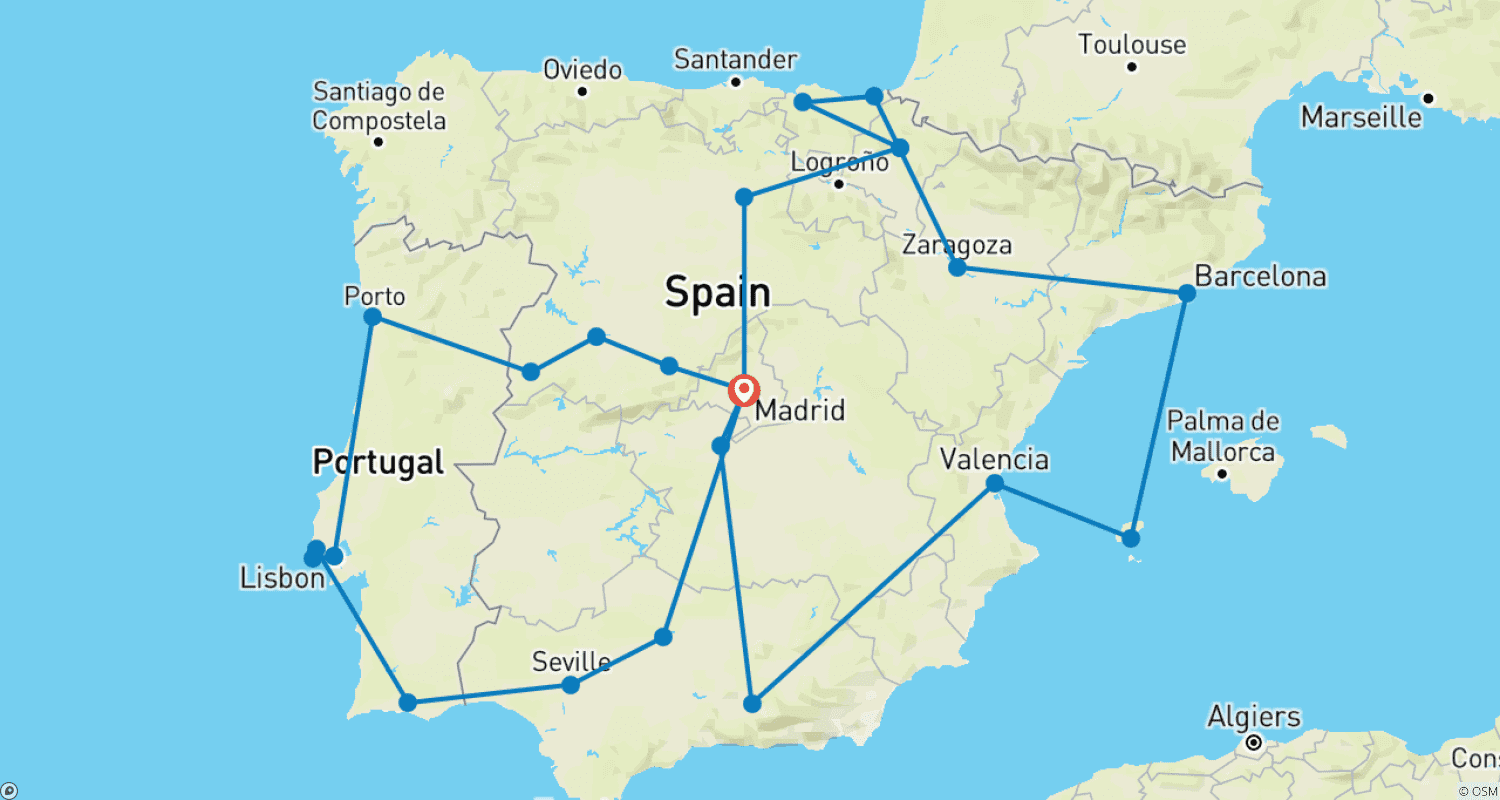 Mapa do percurso de Espanha e Portugal Desvendados (Clássico - Verão)