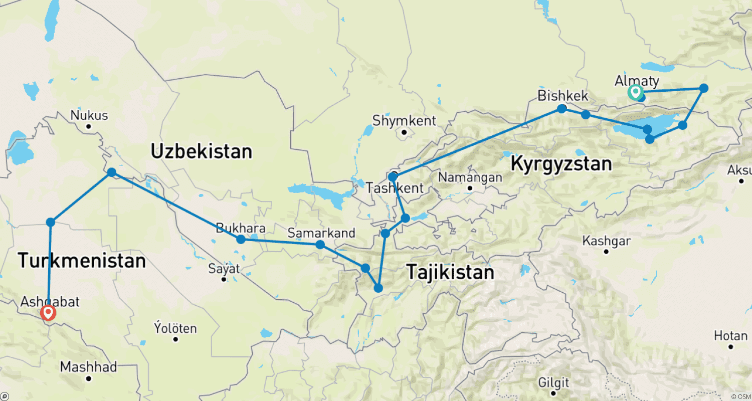 خريطة مسار جولة خاصة: جولة البلدان الخمسة النهائية: Kazakhstan, Kyrgyzstan, Tajikistan, Uzbekistan, and Turkmenistan – اكتشف آسيا الوسطى في 16 يومًا
