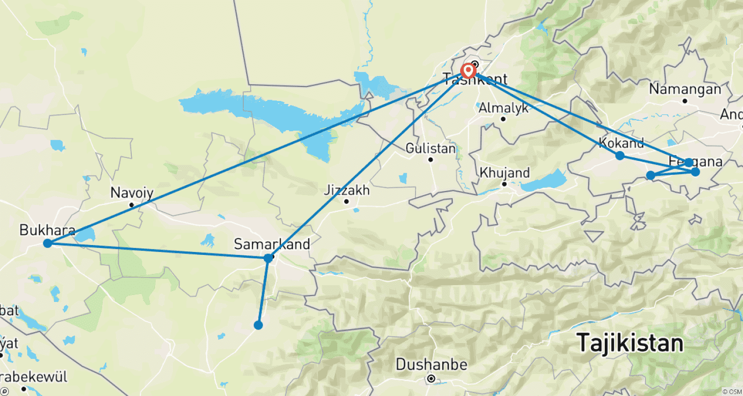 Mapa do percurso de Rota das Caravanas II ao Uzbequistão - Tour Privado