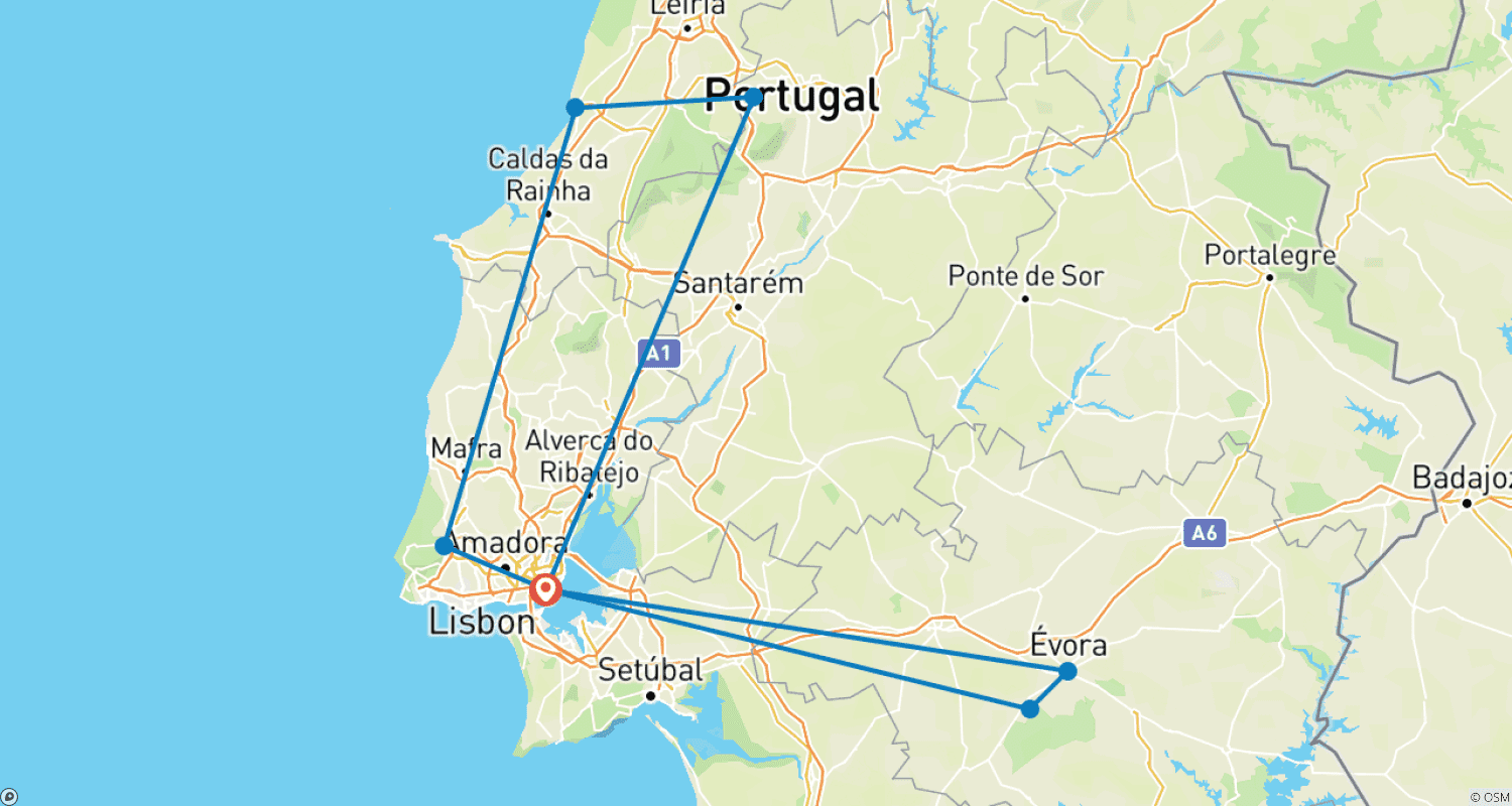Mapa do percurso de O Melhor de Lisboa com Sintra, Nazaré, Fátima e Évora - 5 Dias