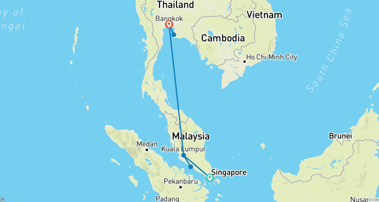 Mapa do percurso de Viagem em Família Personalizada de 11 Dias por Singapura, Malásia e Tailândia, Partidas Diárias