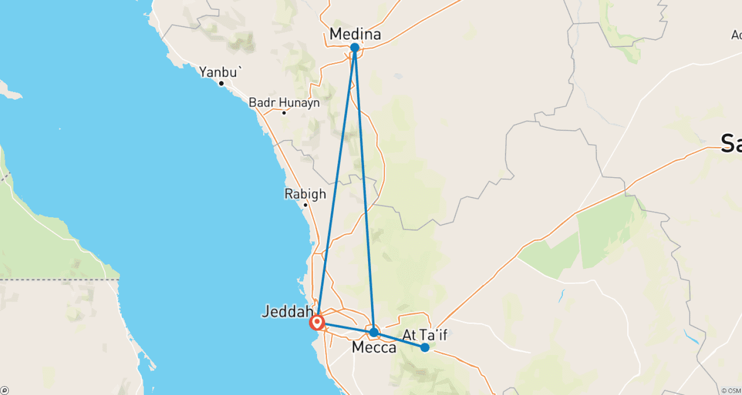 Mapa do percurso de 8-Day Umrah Package: Mecca, Medina, Ziyarat, Hotels & Private Transfers (Muslim Travelers Only)