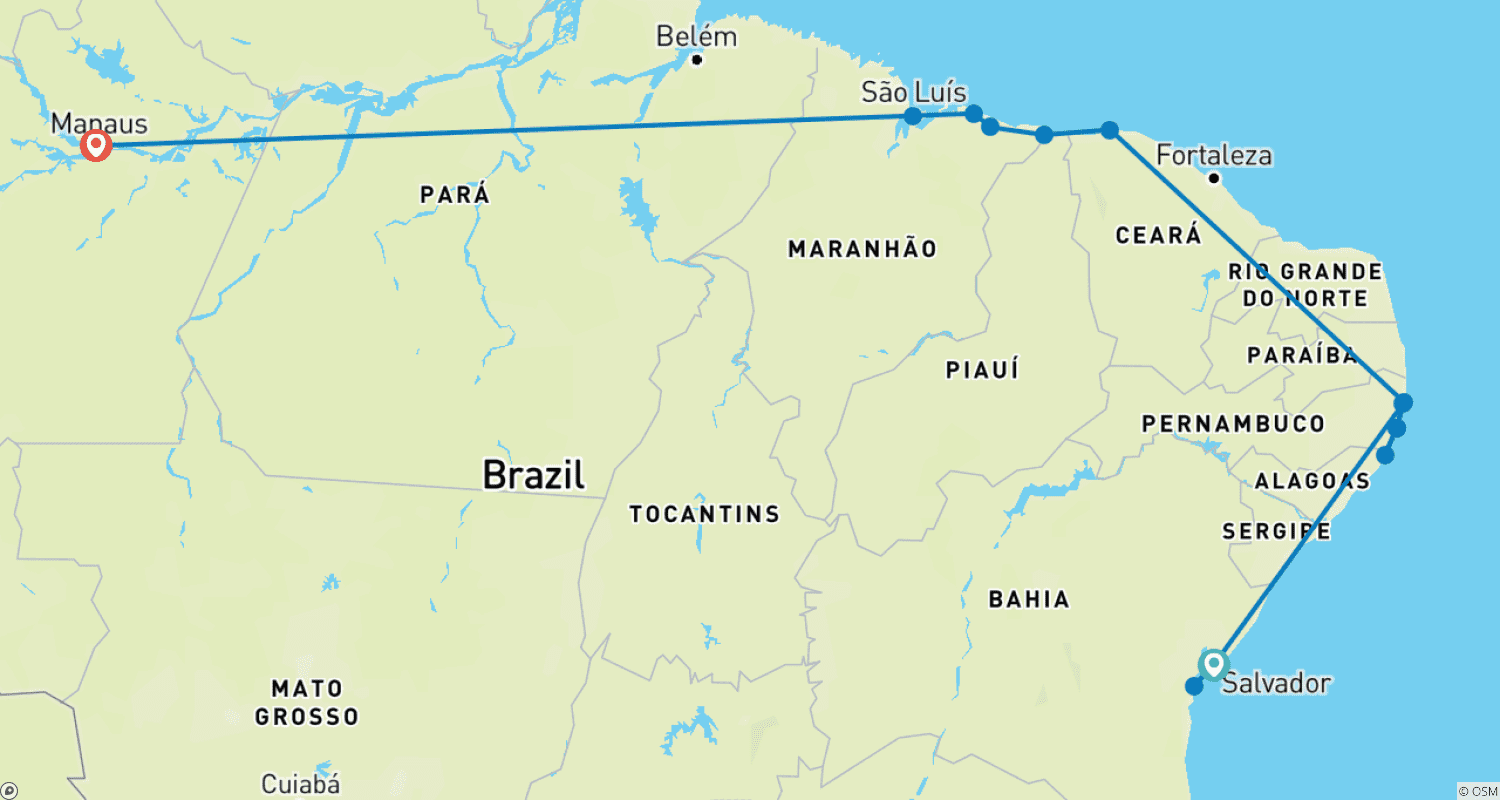 Mapa do percurso de Aventura Privada de 13 Dias na Selva do Norte do Brasil, Partida Diária (Tour Privado)
