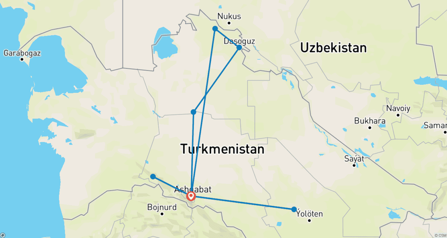 Customized 7-Day Best Private Turkmenistan Tour, Daily Start (Private Guide & Driver)のルートマップ
