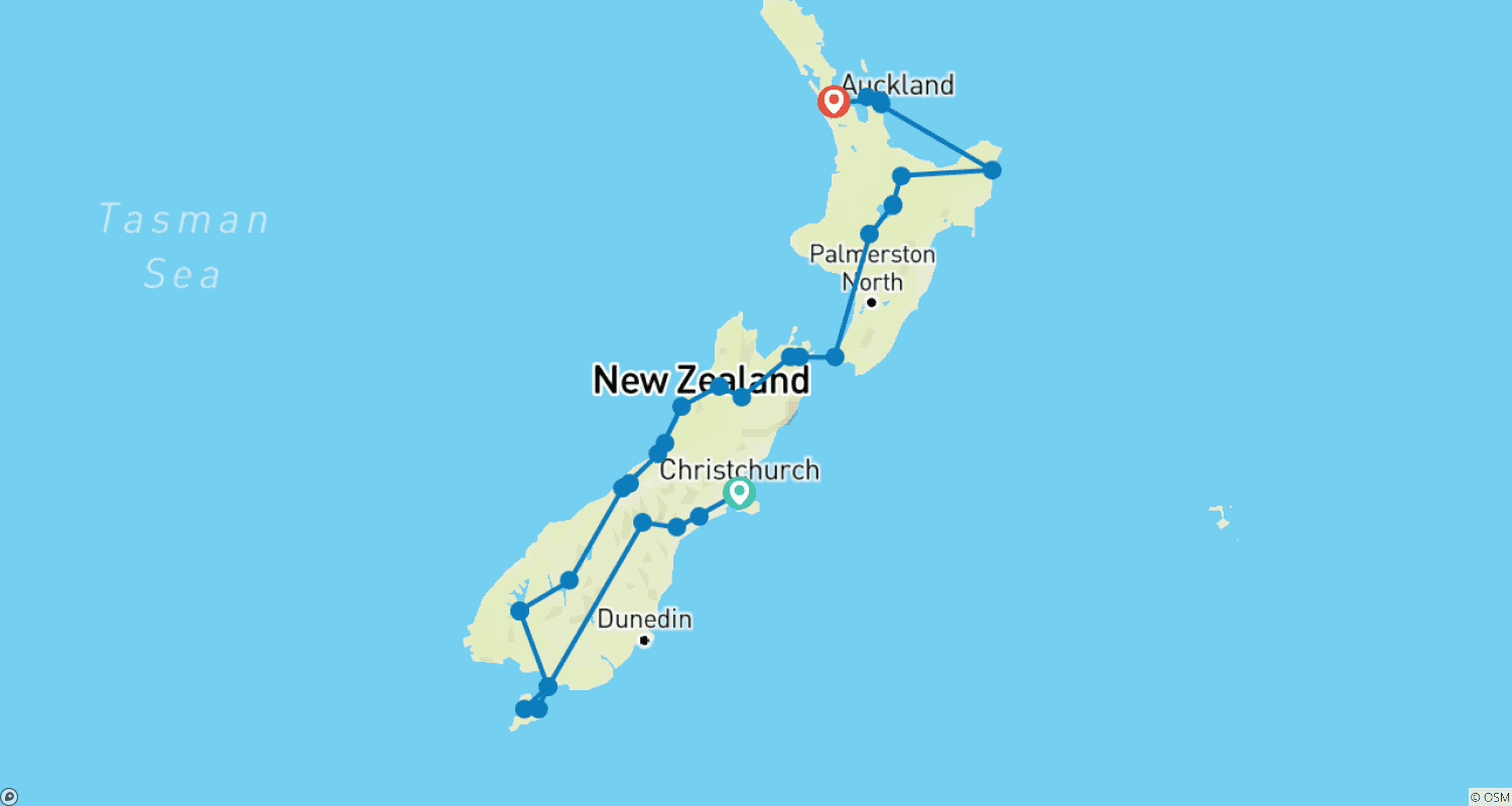 New Zealand Highlights in a Small Group - 22 daysのルートマップ