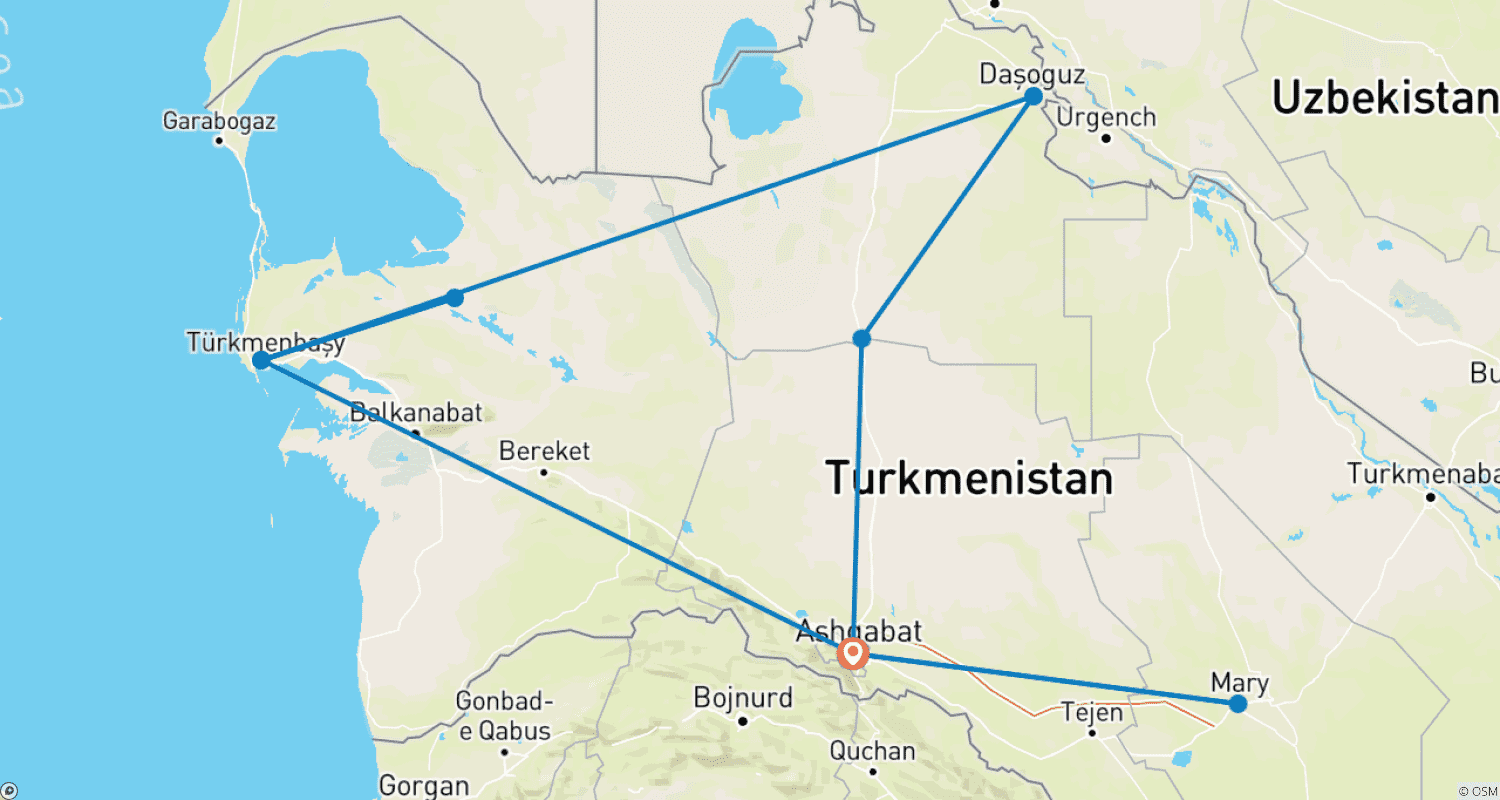 オーダーメイドのプライベート9日間トルクメニスタン家族旅行、毎日出発&プライベートガイドのルートマップ