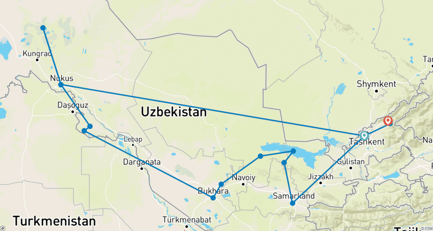 Charming Discoveries to Uzbekistan - Private Tourのルートマップ