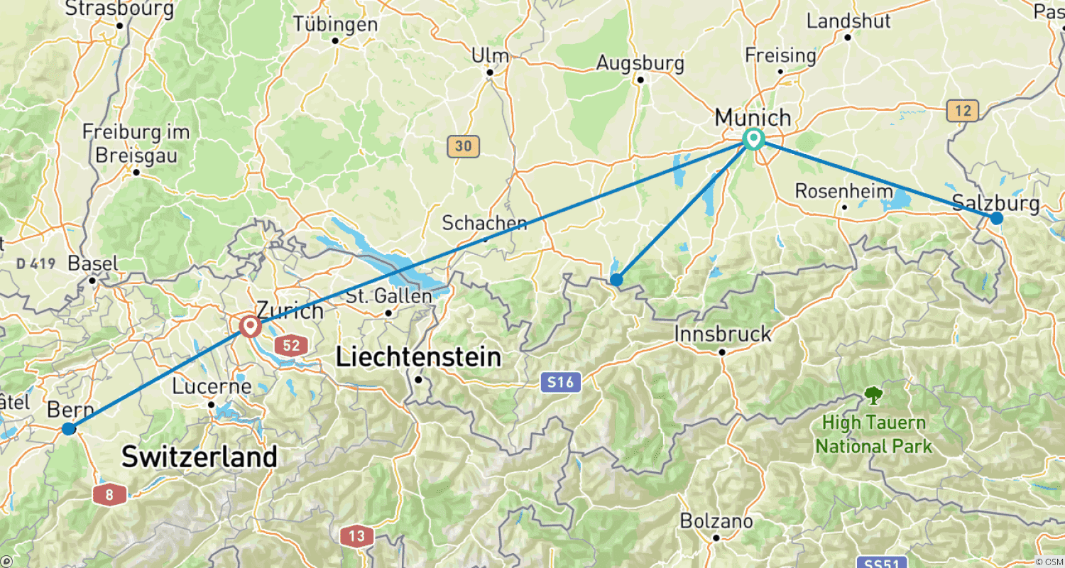 7 Days by Train in Munich & Zurich: Alpine Dreams & Bavarian Charmsのルートマップ