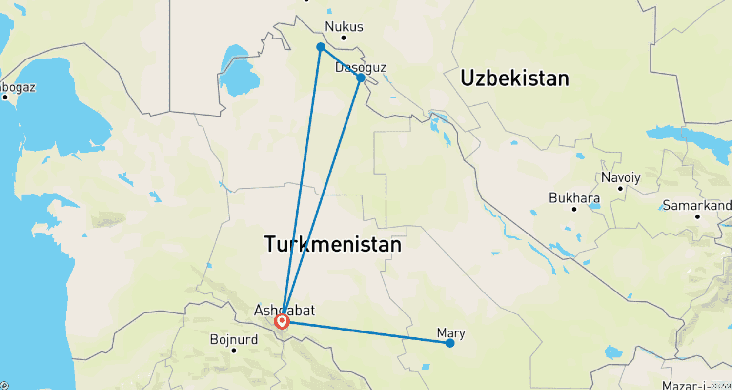 Personalized 5 Days Turkmenistan Highlights Tour, Daily Start & Private Guideのルートマップ