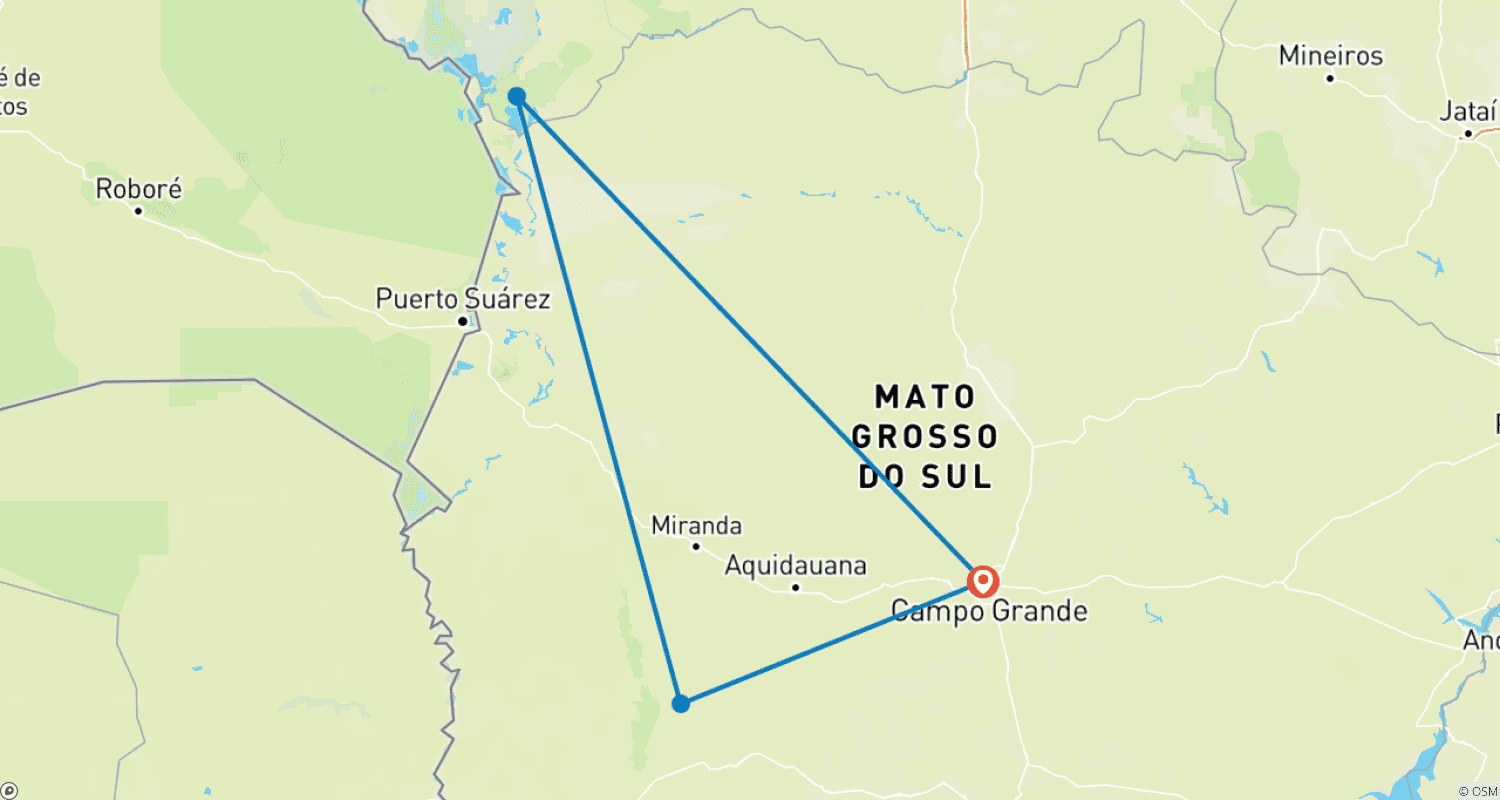 Mapa do percurso de Aventura Ecológica em Bonito e Pantanal (7 dias)