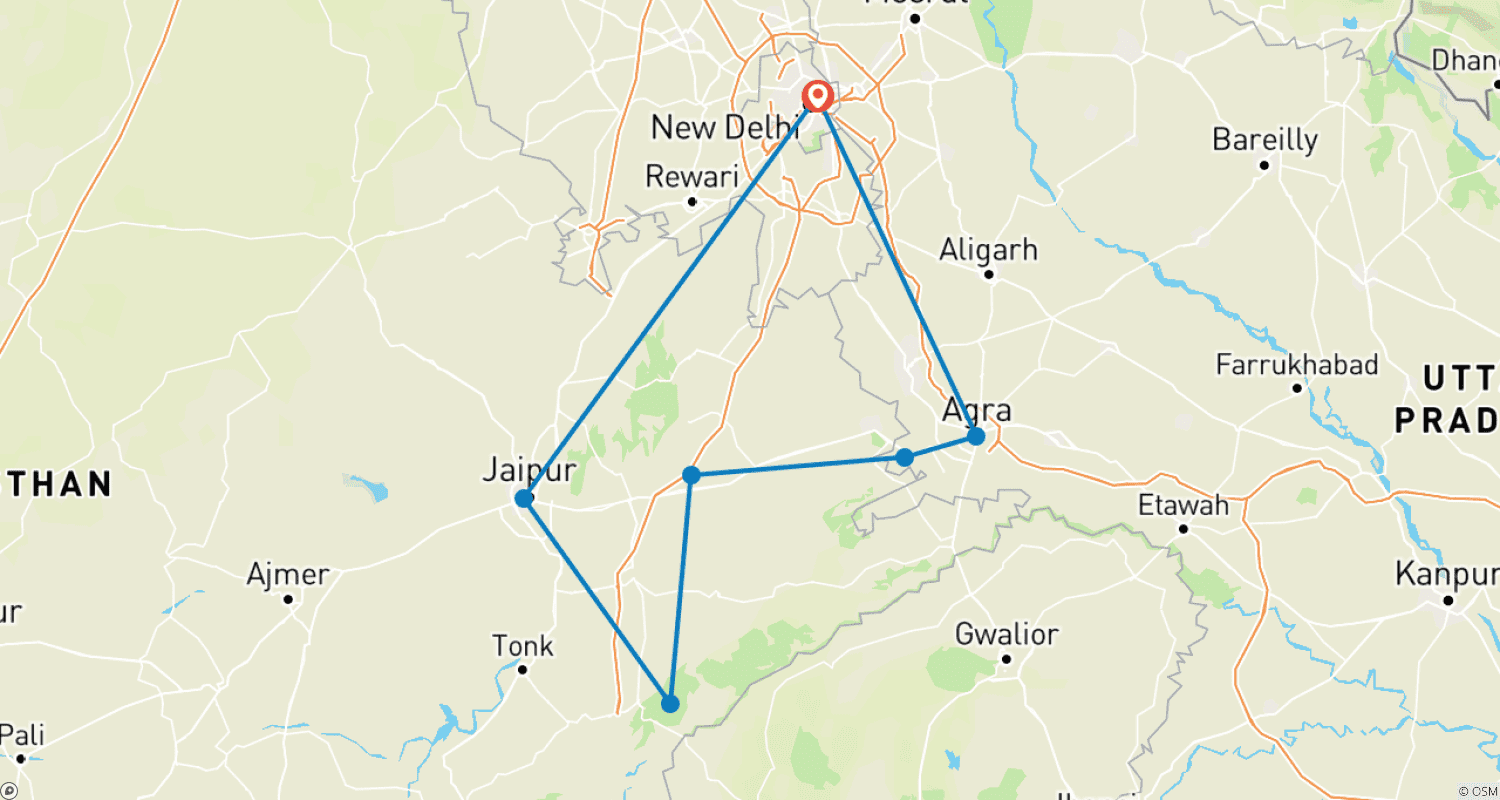 Mapa do percurso de Tour Privado de 8 Dias pelo Triângulo Dourado da Índia com Taj Mahal e Safári de Tigres em Ranthambore – Delhi, Agra, Jaipur e Experiência de Vida Selvagem