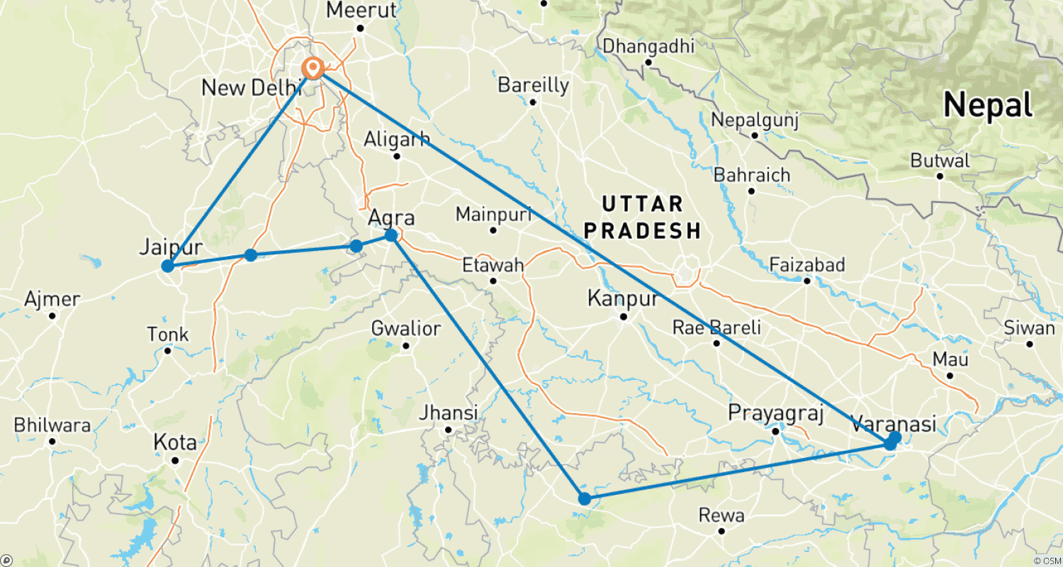 Private 10-Day Golden Triangle, Khajuraho Temples & Varanasi Tour: Delhi, Jaipur, Agra, Taj Mahal & Ganges Spiritual Journeyのルートマップ