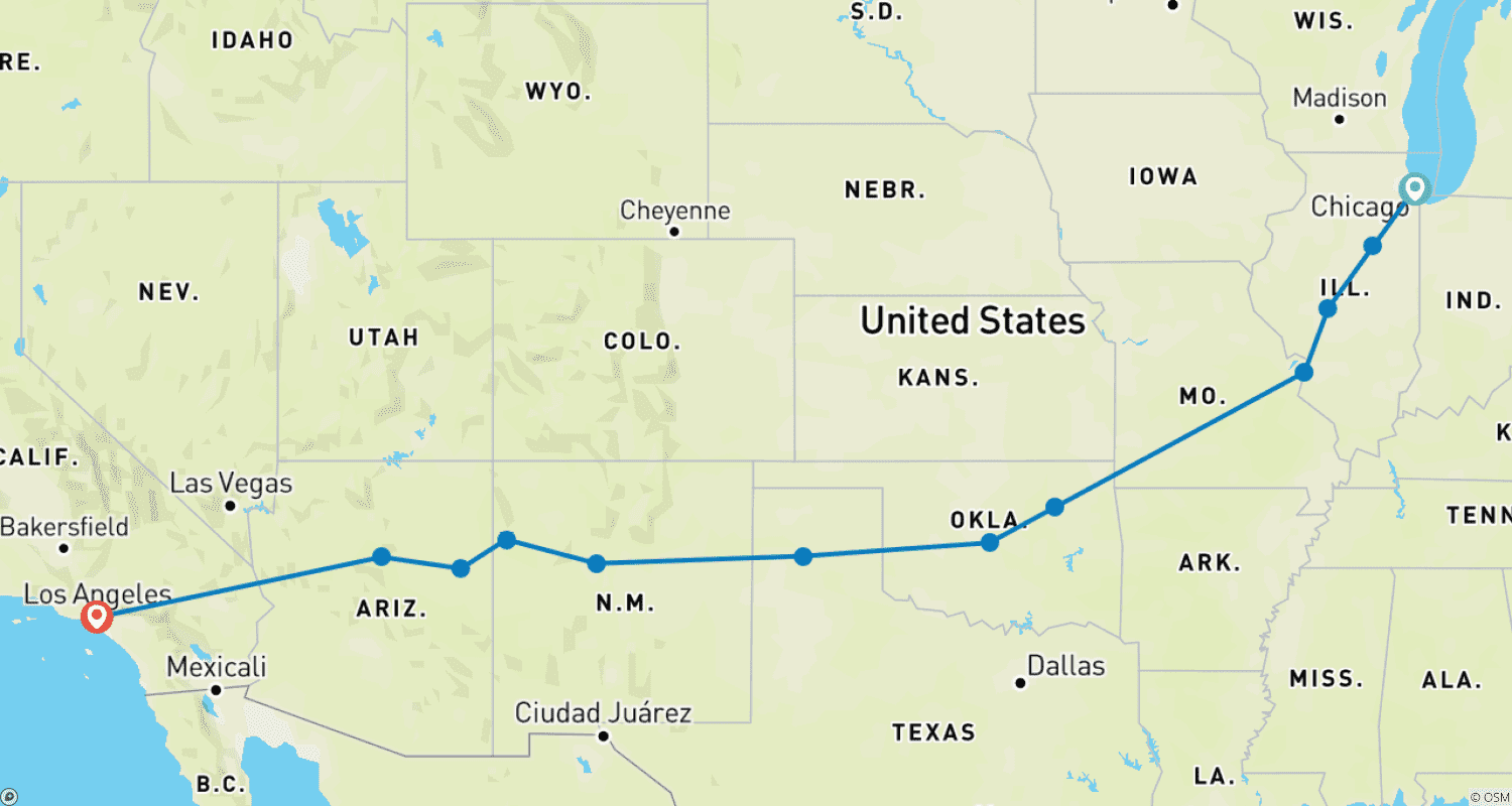 Route 66 From Chicago to LA - 12 daysのルートマップ