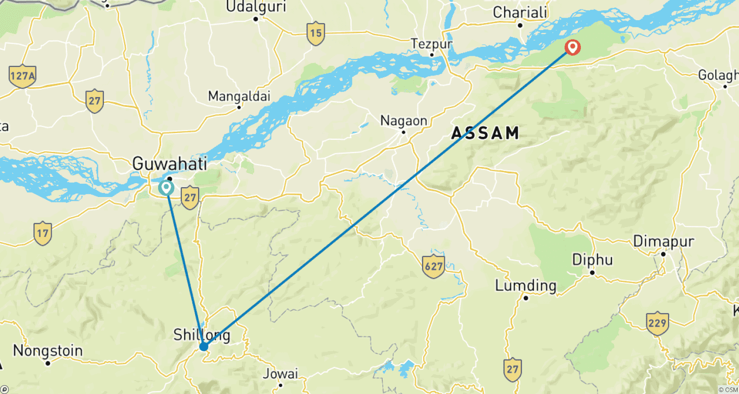 7-Day Northeast India Explorer: Shillong, Kaziranga & Guwahatiのルートマップ