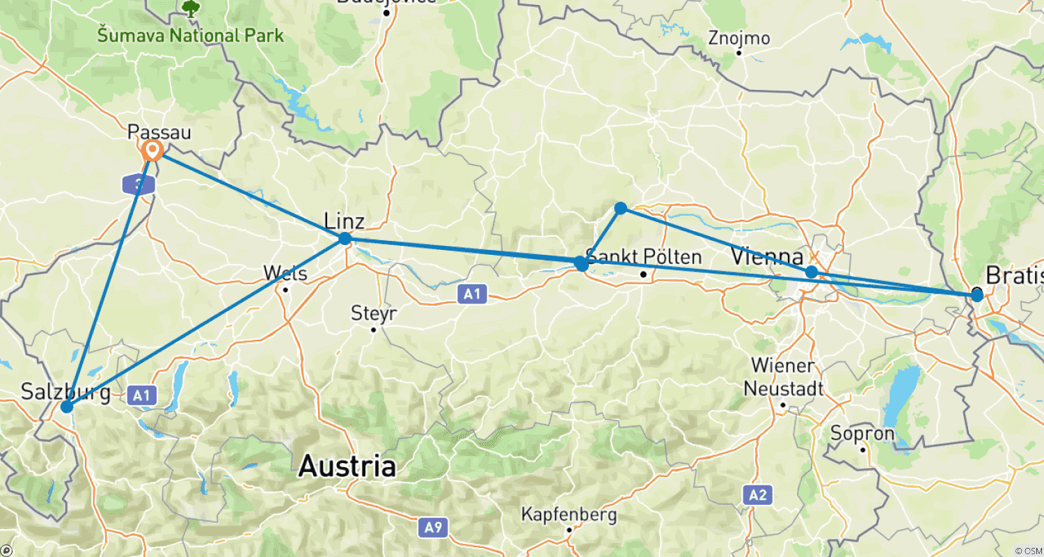 Mapa do percurso de Cruzeiro de Natal no Danúbio - AMADEUS Nova (Passau - Passau)