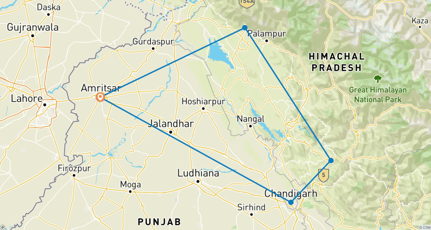 خريطة مسار Private 8-Days North India Tour with Golden Temple Amritsar, Dharamshala Himalayas, Shimla Toy Train & Chandigarh Sightseeing