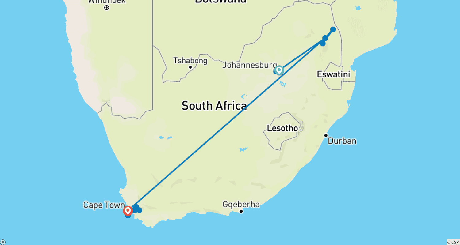 Mapa trasy: Kruger & Cape Town Discovery - 10 days
