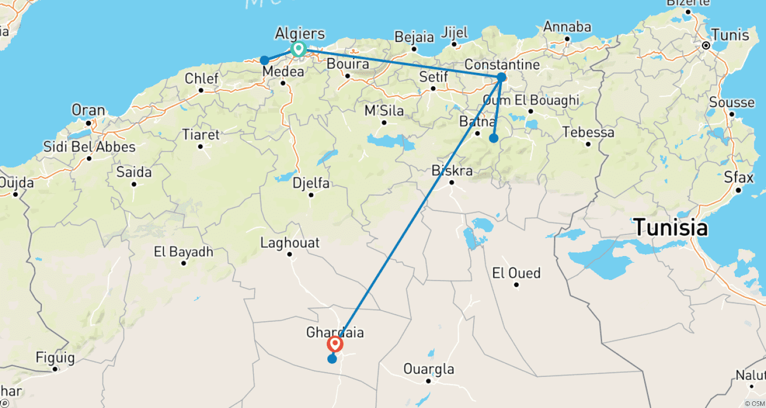 خريطة مسار اكتشف الجزائر الخالدة في 8 أيام و7 ليالٍ