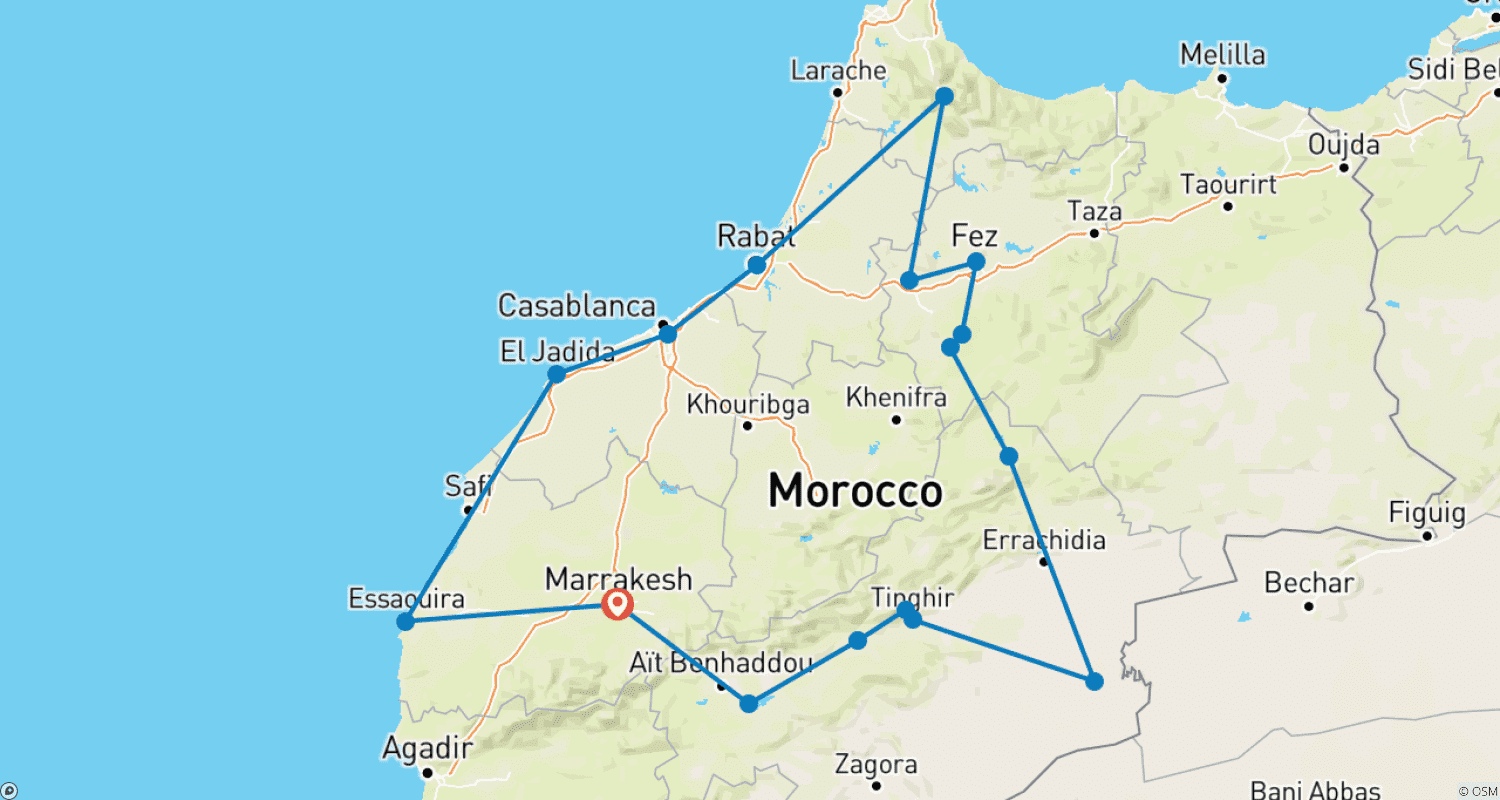 Mapa do percurso de Tour Autêntico de 10 Dias por Marrocos - Descubra a Alma do Reino