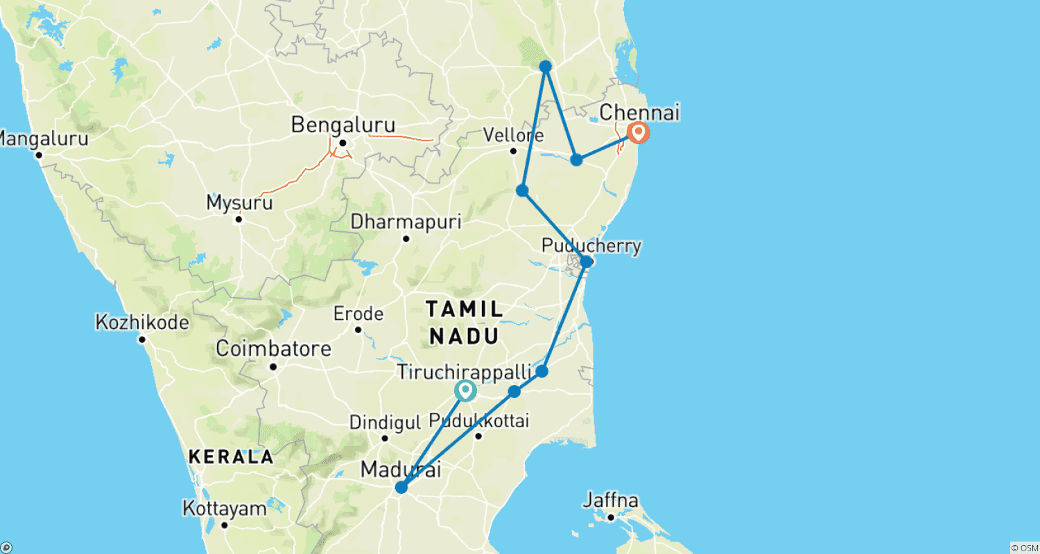 Mapa trasy: Private 9-Day South India Temple Tour: Madurai, Tanjore, Tirupati, Rameswaram & Pondicherry Spiritual Journey