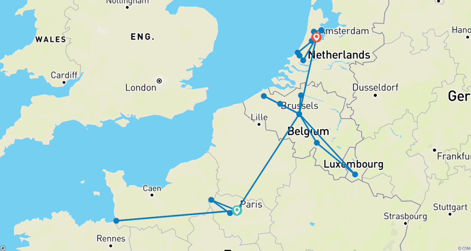 列車で巡る中欧の旅 12日間：Paris、Brussels & Amsterdamのルートマップ