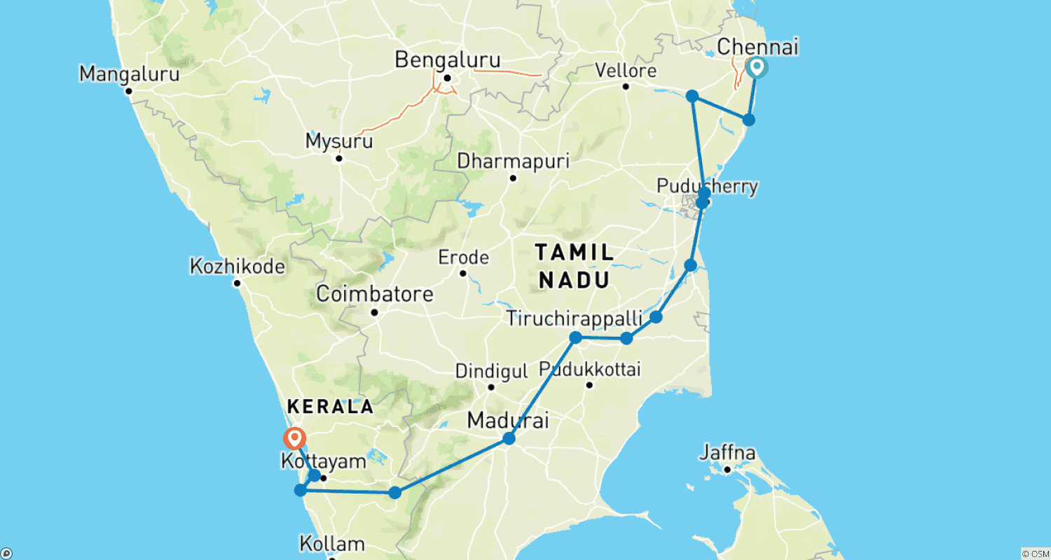 خريطة مسار Luxury 14-Days South India Cultural Tour : Chennai, Mahabalipuram, Kanchipuram, Auroville, Pondicherry, Chidambaram, Kumbakonam, Thanjavur, Trichy, Madurai, Periyar, Alleppey, Kumarakom, Kochi