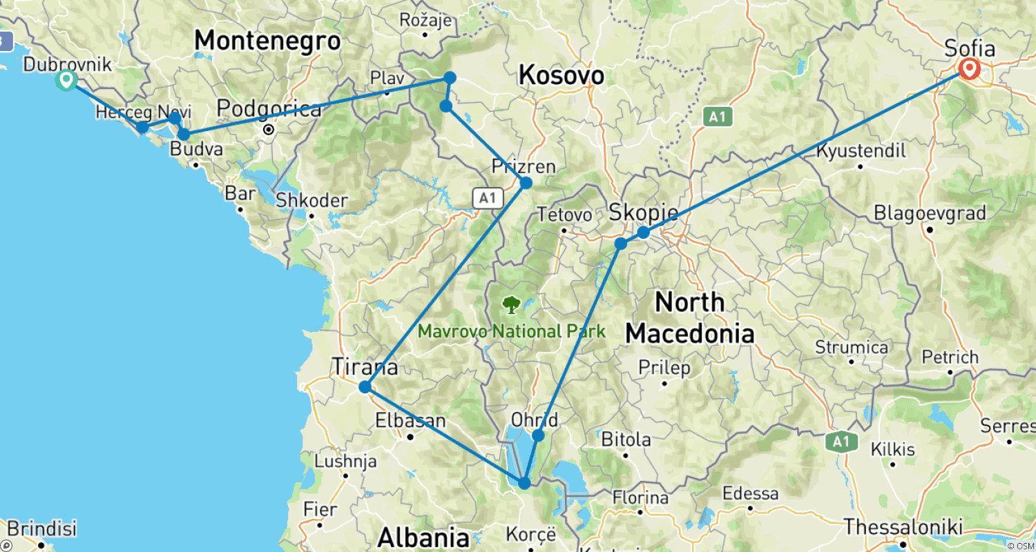 خريطة مسار Balkan Express - Southbound. Croatia, Montenegro, Kosovo, Albania, N. Macedonia, Bulgaria