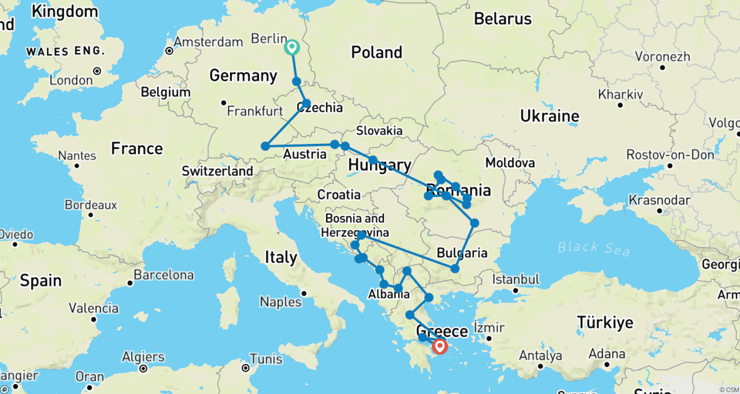 ヨーロッパ各地を巡る旅のルートマップ