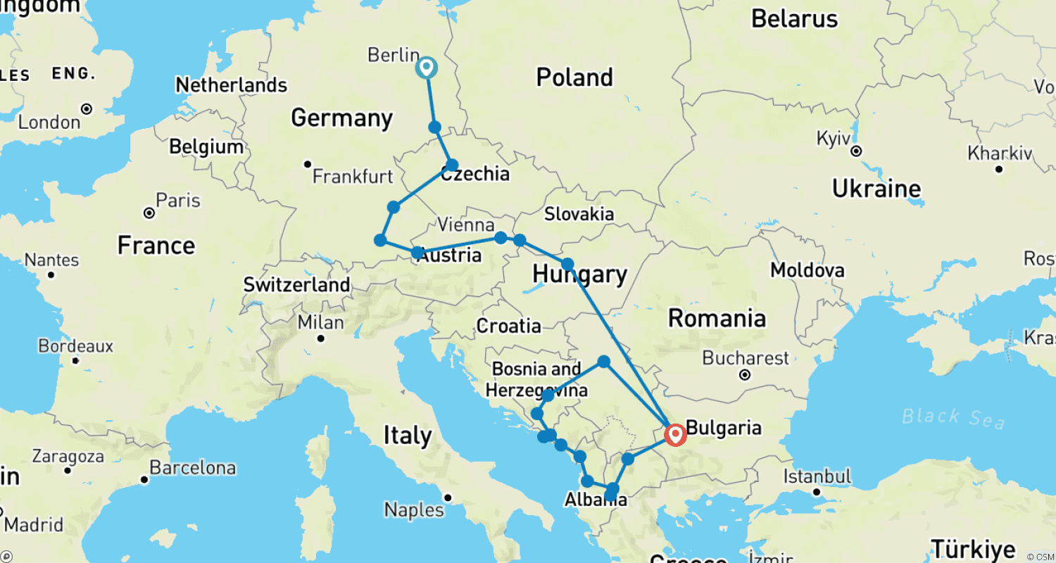 Mapa do percurso de Maravilhas da Europa Central e dos Bálcãs