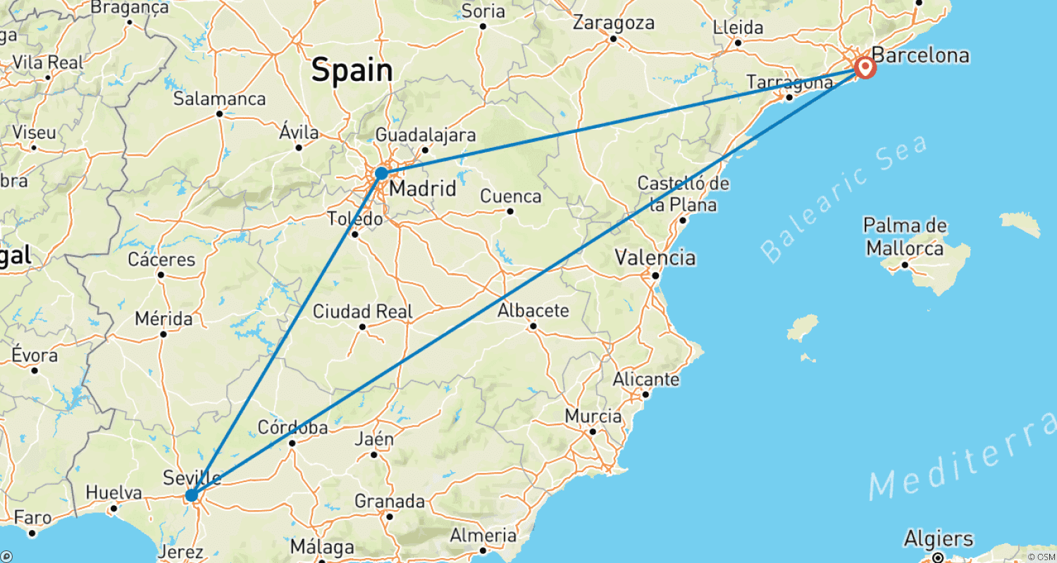 Mapa trasy: Najlepsze z Madrytu i Sewilli w 3 dni z Barcelony